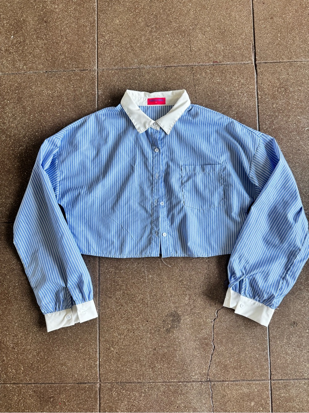 Forever 21 Blue Pinstripe Cropped Button-Down with White Collar and Cuffs